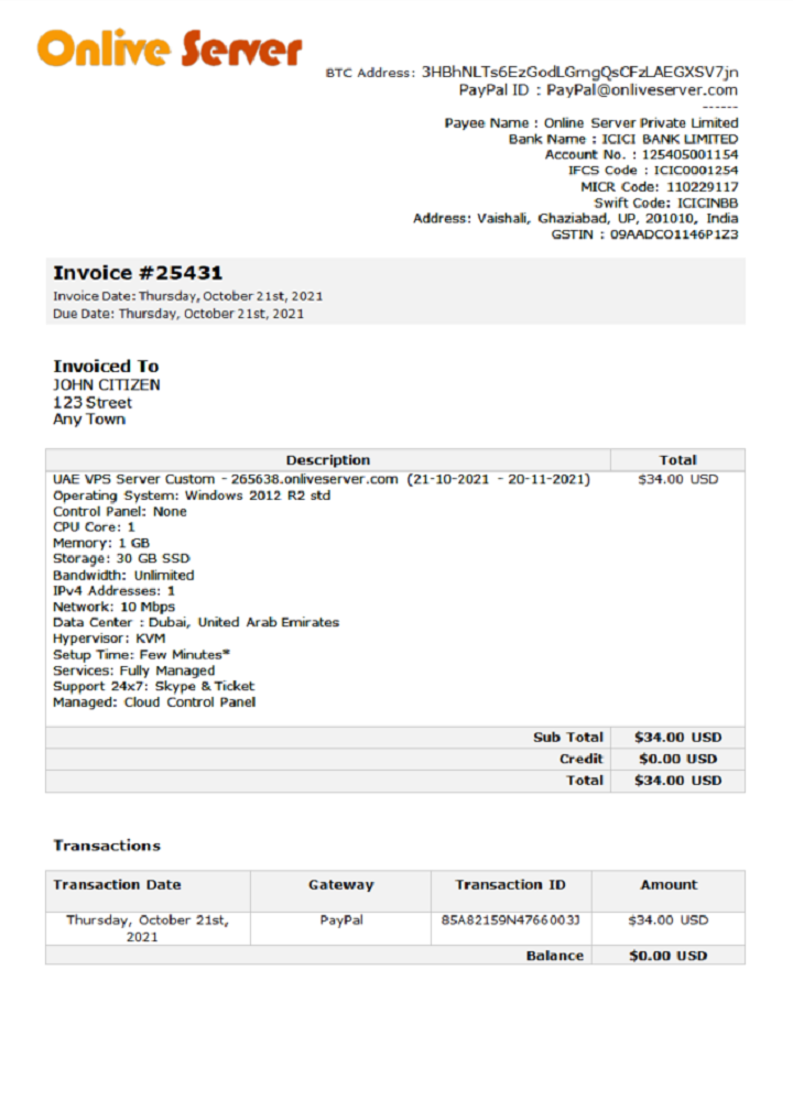 India Online Server company invoice PSD template